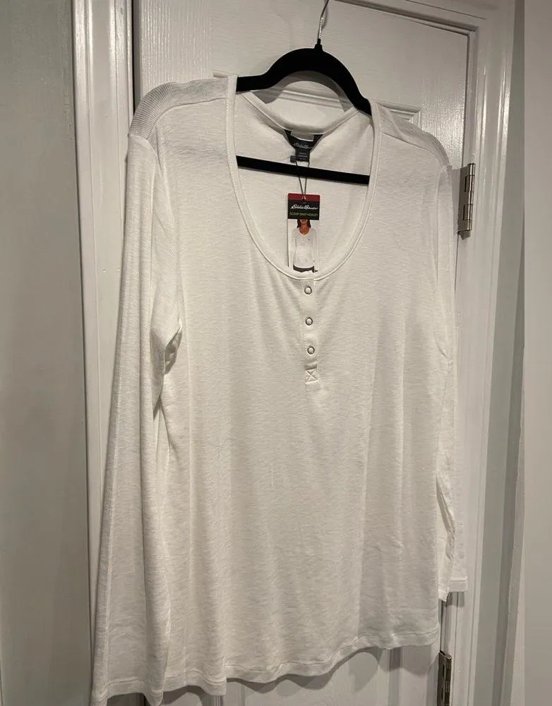 NWT Eddie Bauer Size XL White Cotton Scoop Neck Snap Long Sleeve Henley Top - Image 3