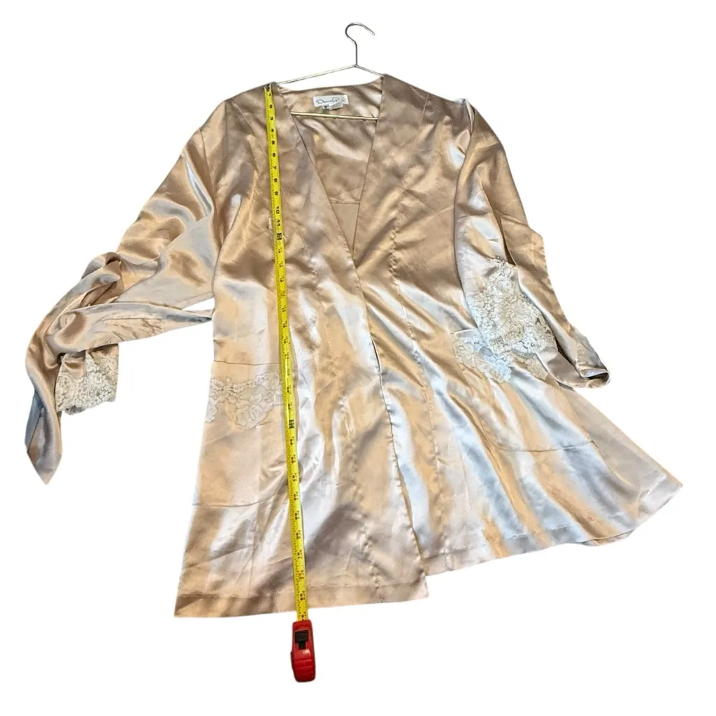 Vintage Oscar De La Renta Lace Trim Champagne Satin Robe Coquette Sexy Size L - Image 6