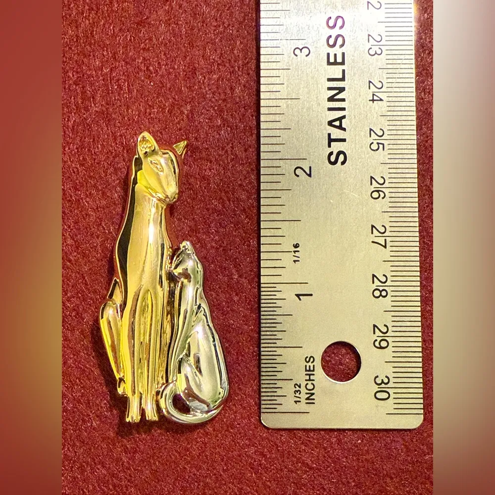 Mother Cat & Baby Vintage Two Tone Brooch Pin Gold - Image 2