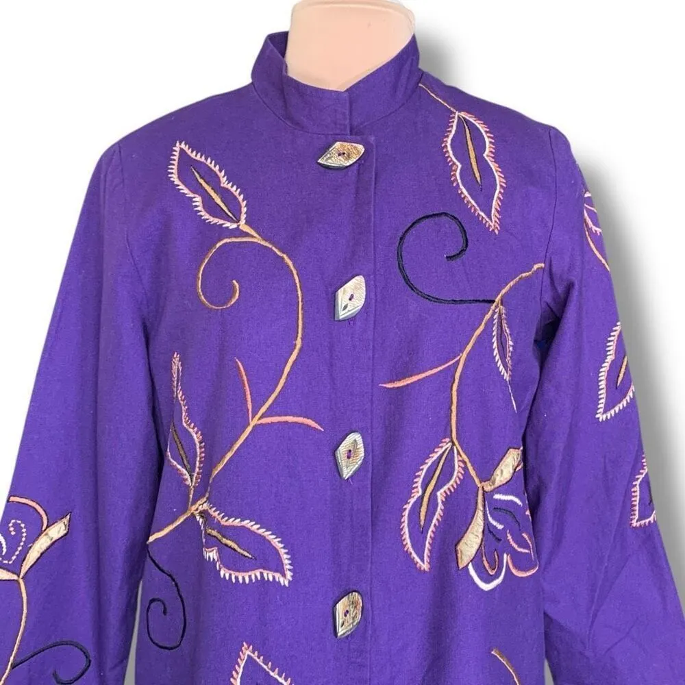 Vintage Indigo Moon Purple Embroidered Mandarin Collar Lightweight Floral Coat Size M - Image 4