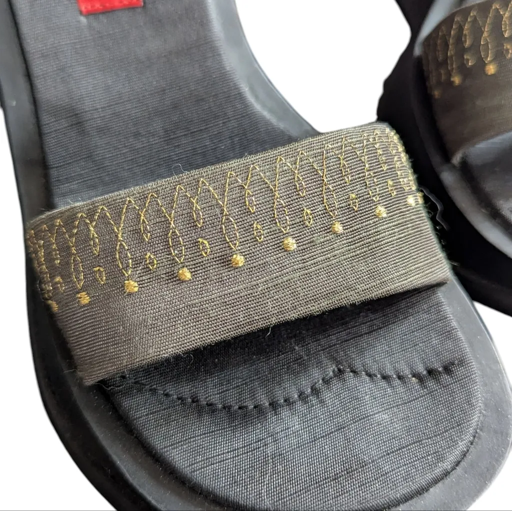 Vintage Y2K Esprit Platform Chunky Wedge Sandals Olive Green Gold Embroidery - Image 3