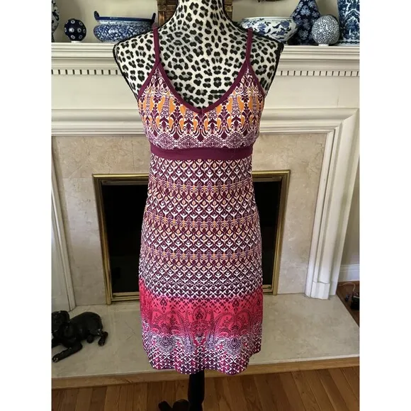 A-Line Dress Empire Purple Geometric Halter Neck Size XS Knee Length GG - Image 2