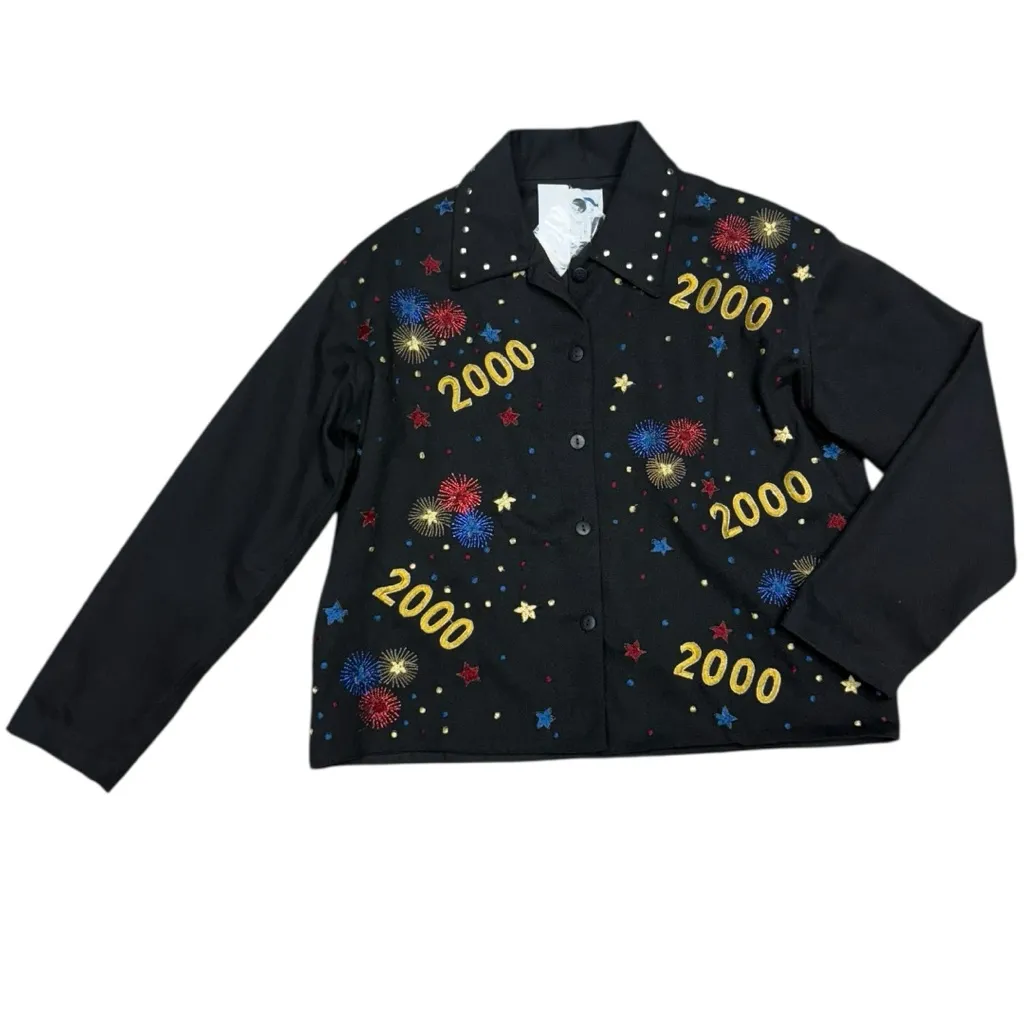 Paul Harris Design Black Fireworks 2000 Embroidered Y2K Jacket Women’s Small - Image 9