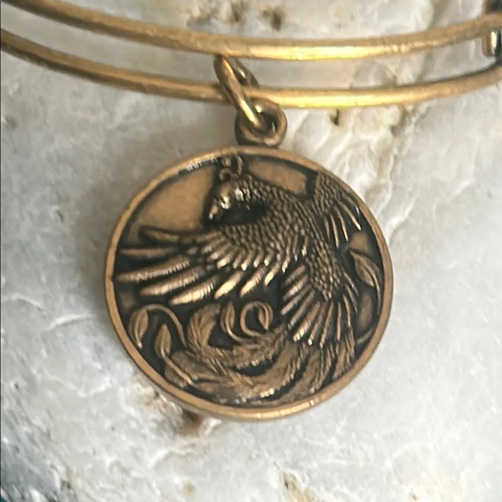 Alex and Ani Phoenix Rafaelian Gold Tone Expandable Wire Bangle Charm Bracelet - Image 2