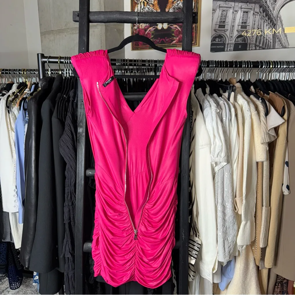 Balmain Fuchsia Ruched Mini Dress Metallic Shine V-Neck Pointed Shoulder - Image 12