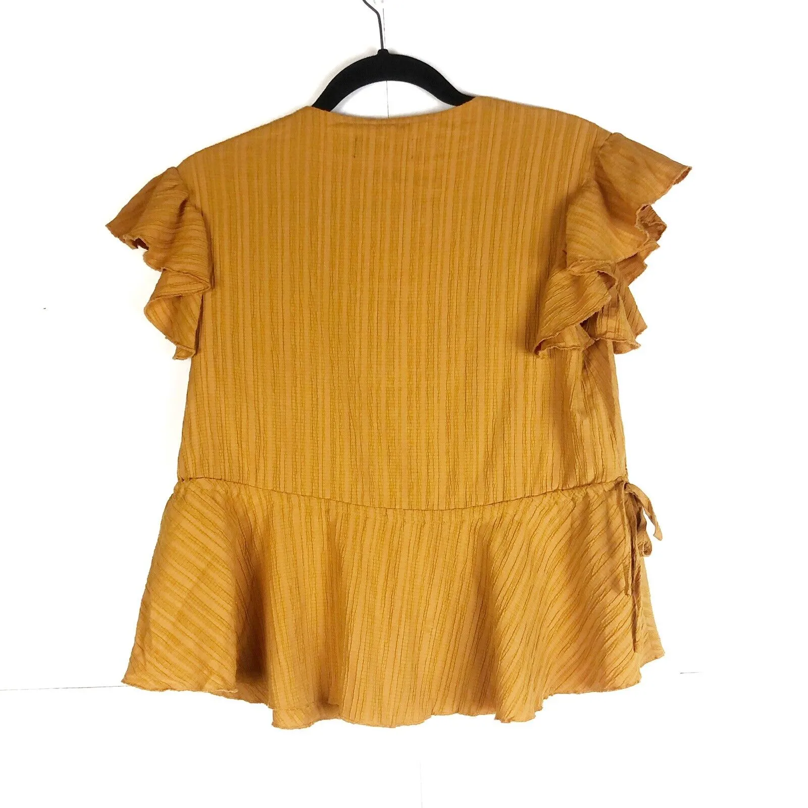 MINKPINK Gold Orange Short Flutter Sleeve V Neck Top with Ties on Sides Small - Image 5