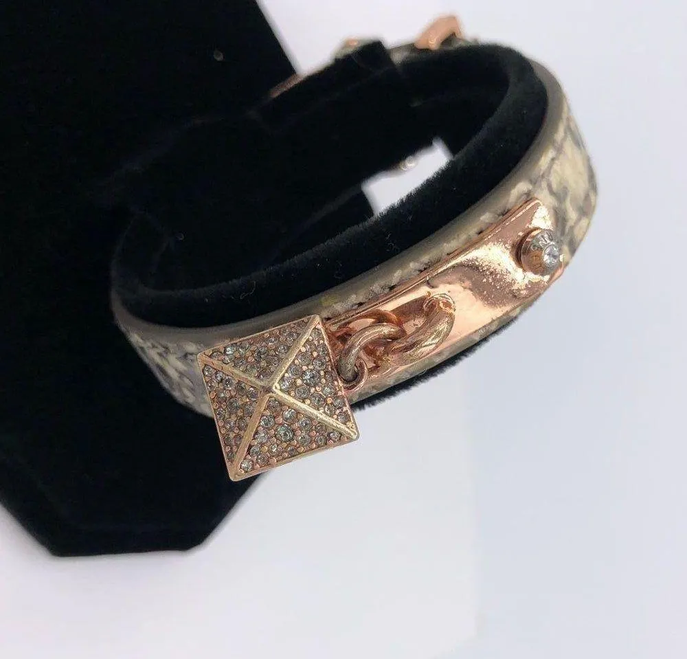 Henri Bendel Snakeskin Leather Rose Gold Adjustable Bracelet Rhinestone Pyramid - Image 1