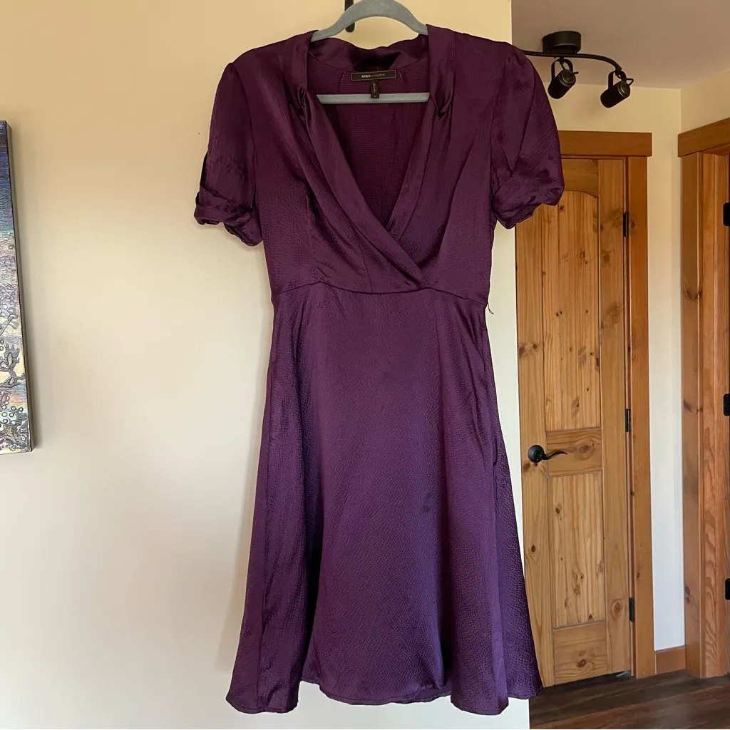 BCBGMaxazria Vintage Dark Romantic Vamp Whimsigoth Puff Sleeve Purple Silk Dress - Image 5