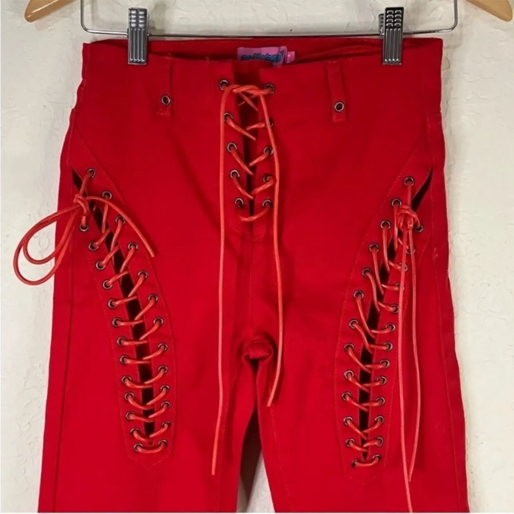 EDIKTED Engine Lace Up Cutout Flared Jeans Cherry Red Western Small - Image 4