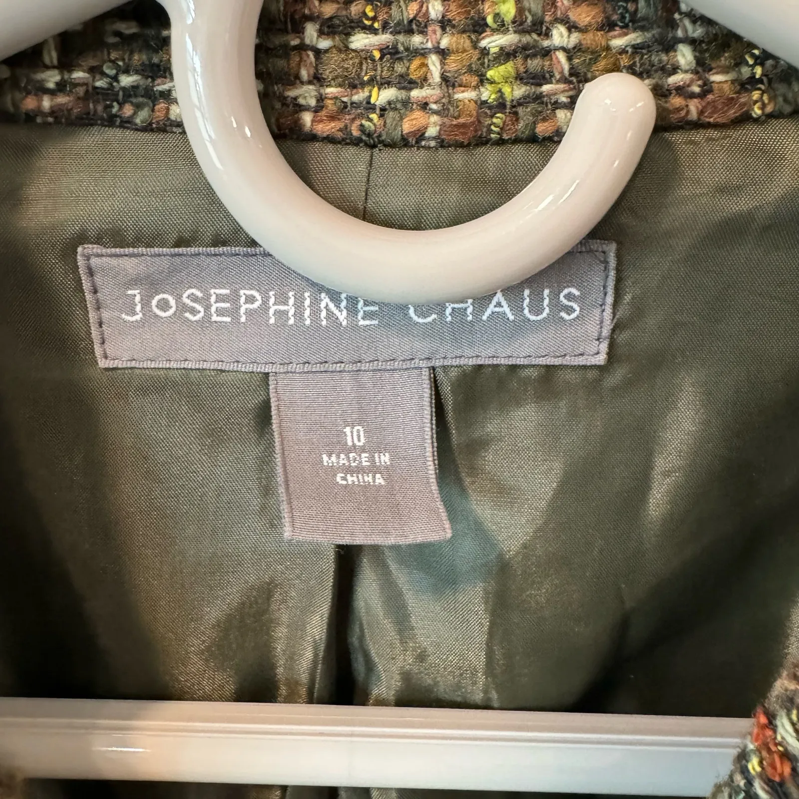 Josephine Chaus Tweed Green Wool Blend Elegant Flower Pin Jacket Preppy 10 - Image 3