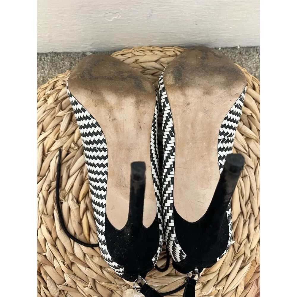 Zara sz 6.5 Black White Chevron Square Peep Toe Lace Up Stiletto Heels - Image 8