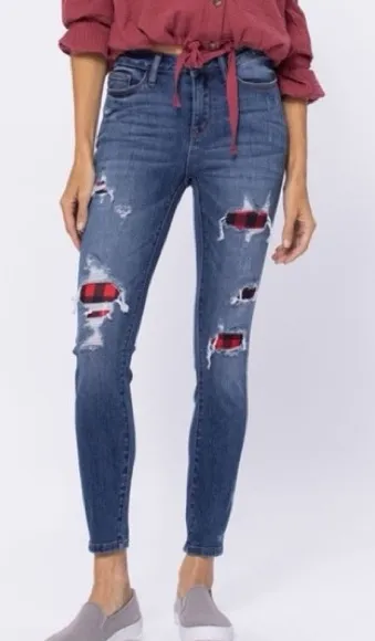 Judy Blue Distressed Buffalo Plaid Patch Blue Skinny Fit Jeans 0/24 - Image 1