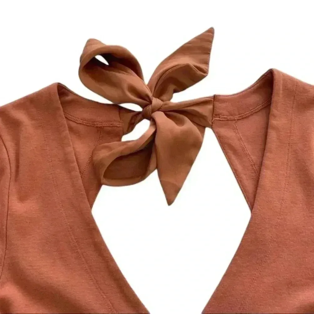 Free People Terracotta Taupe V-Neck Tie Back Bow Long Sleeves Top Size XS - Image 2