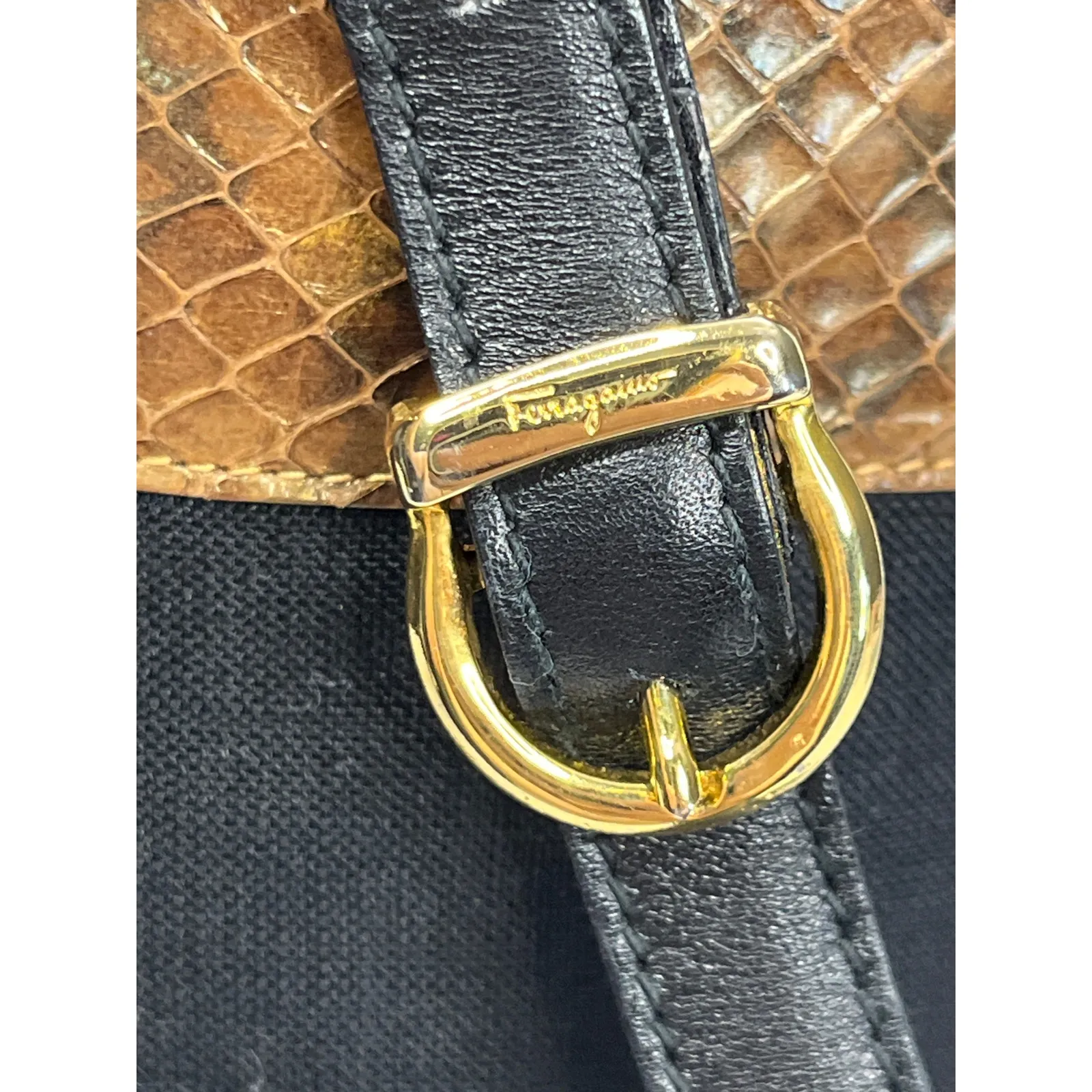 Salvatore Ferragamo Black Linen Canvas Bucket Bag With Snakeskin Embossed Trim - Image 5