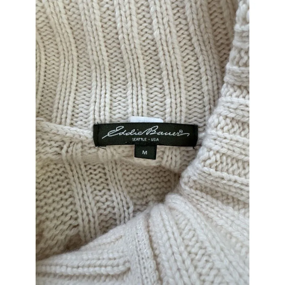 Eddie Bauer Ivory Chunky Cable Knit Button Front Fishermans Wool Sweater Medium - Image 8