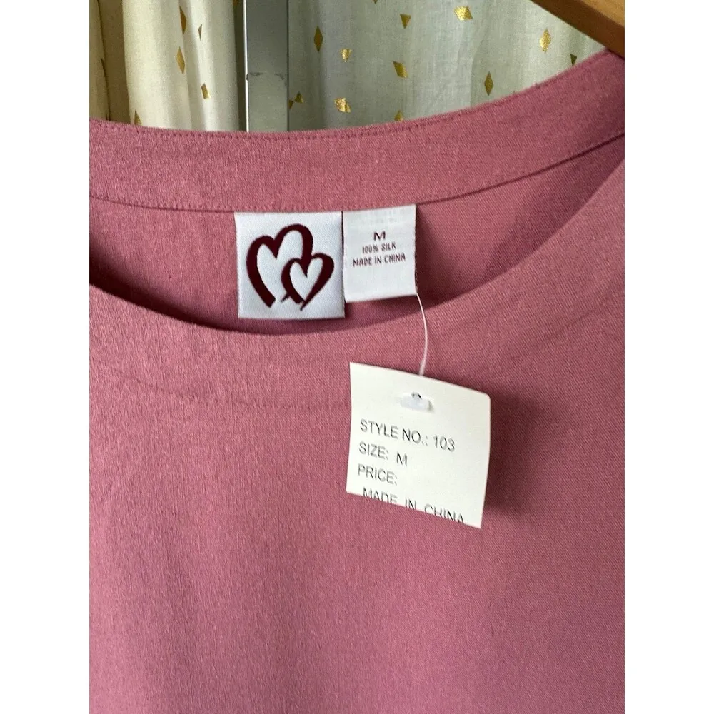 Two Hearts NWT Women's 100% Raw Silk Longline Lagenlook Midi Pockets Dress M Pink Size M - Image 5