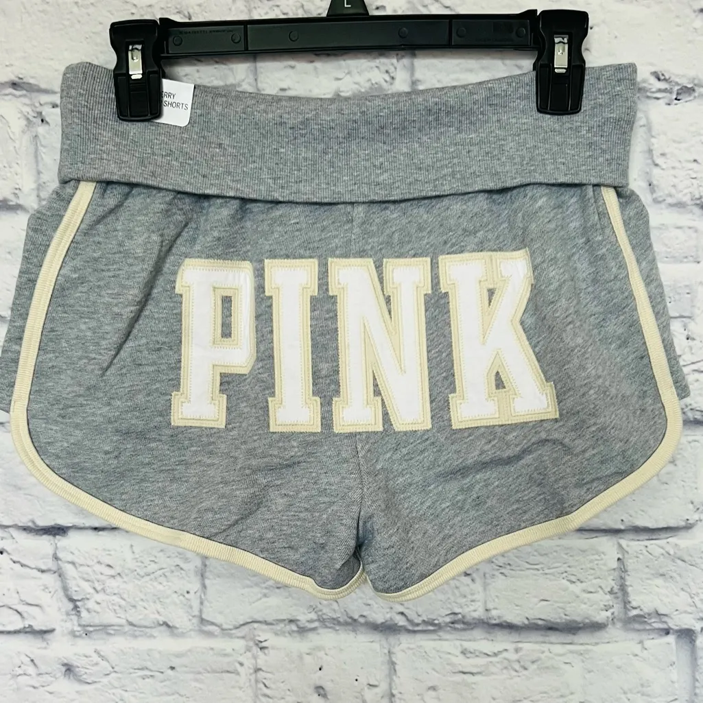 VICTORIA’S SECRET PINK Ivy Terry Foldover Shorts Grey & White “PINK” Logo L - Image 2