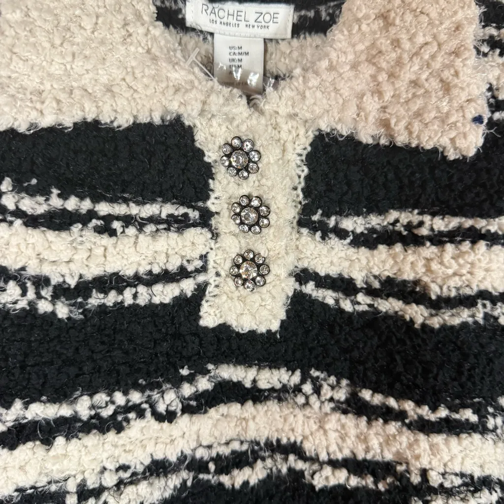 Rachel Zoe Women’s Fluffy Soft Short Sweater Black Off White Stripes Sz Med NWT - Image 4