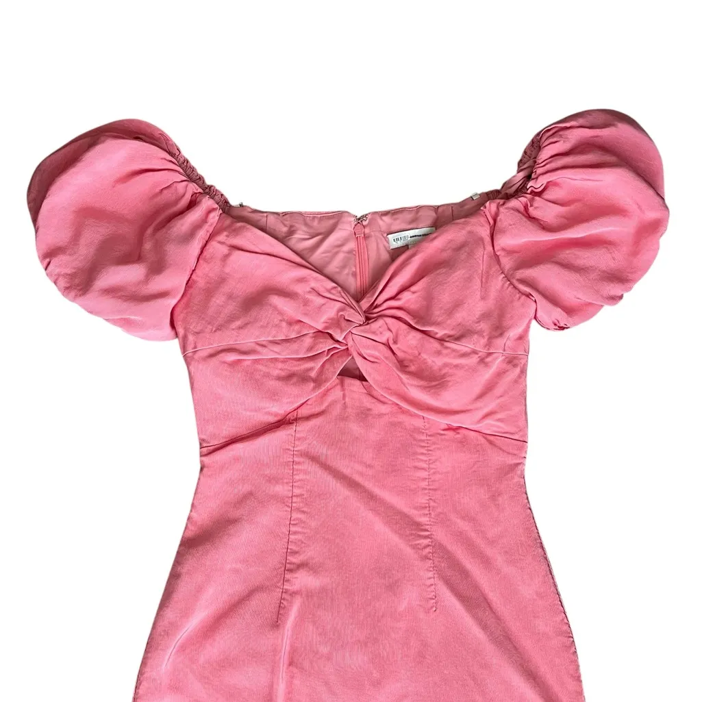 ML Monique Lhullier Women's Twist Front Puff Sleeve Pink Midi Dress Size 4 - Image 4