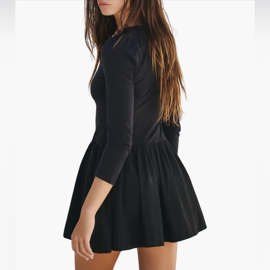 FREE PEOPLE Onda Drop-Waist Long-Sleeve Mini Dress M 15.5” p2p Black $68 NWT - Image 7