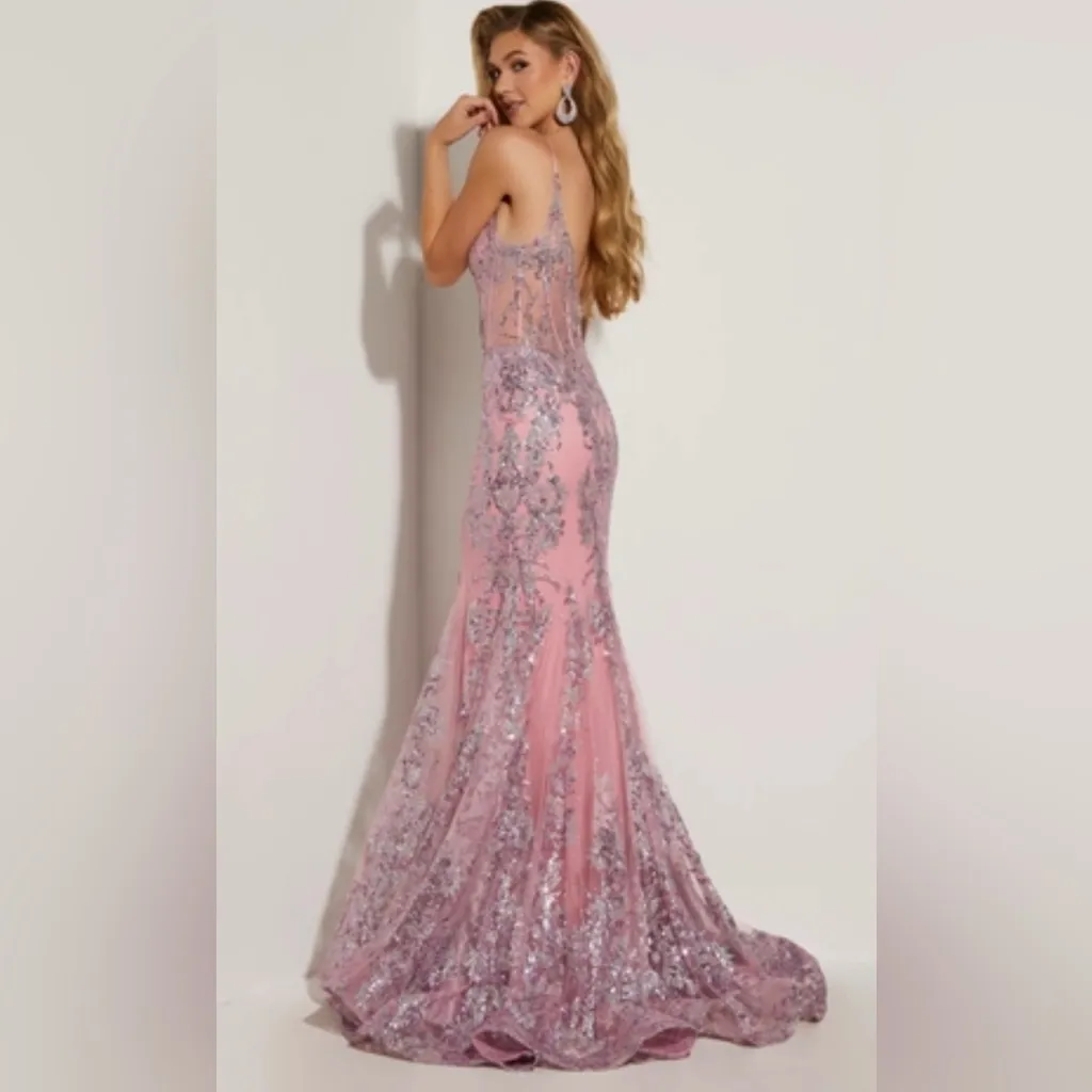 Lush by Jasz Couture Pink Silver Sequin Mermaid 7317 Open Back Prom Gown Size 0 - Image 2