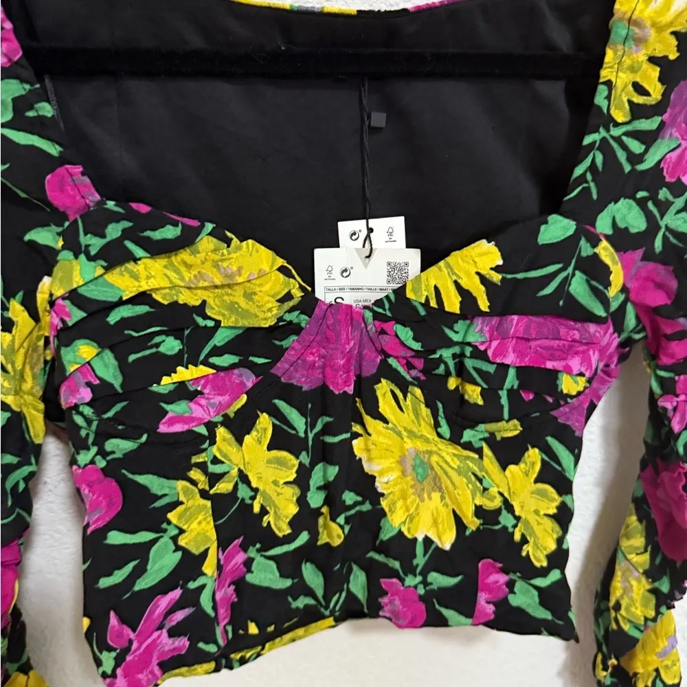 Zara Black Pink Green Floral Print Crop Top Small Sweetheart Neck Long Sleeve - Image 6