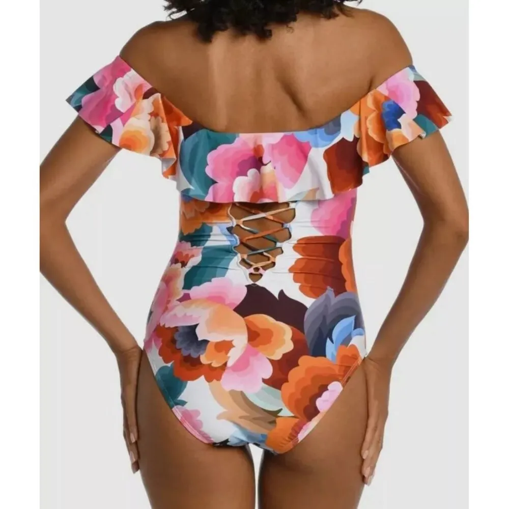 La Blanca Floral Off-The-Shoulder One-Piece Swimsuit Ruffle Lace Up Colorful 8 - Image 2