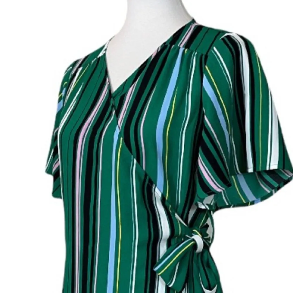 Halogen Women's Wrap Tie Waist Midi Dress Green Black Multi Stripes Size SP - Image 10