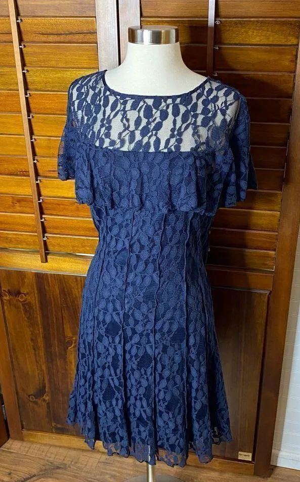 Jessica Howard Navy Lace Shoulder Ruffle Cocktail Dress - Image 4