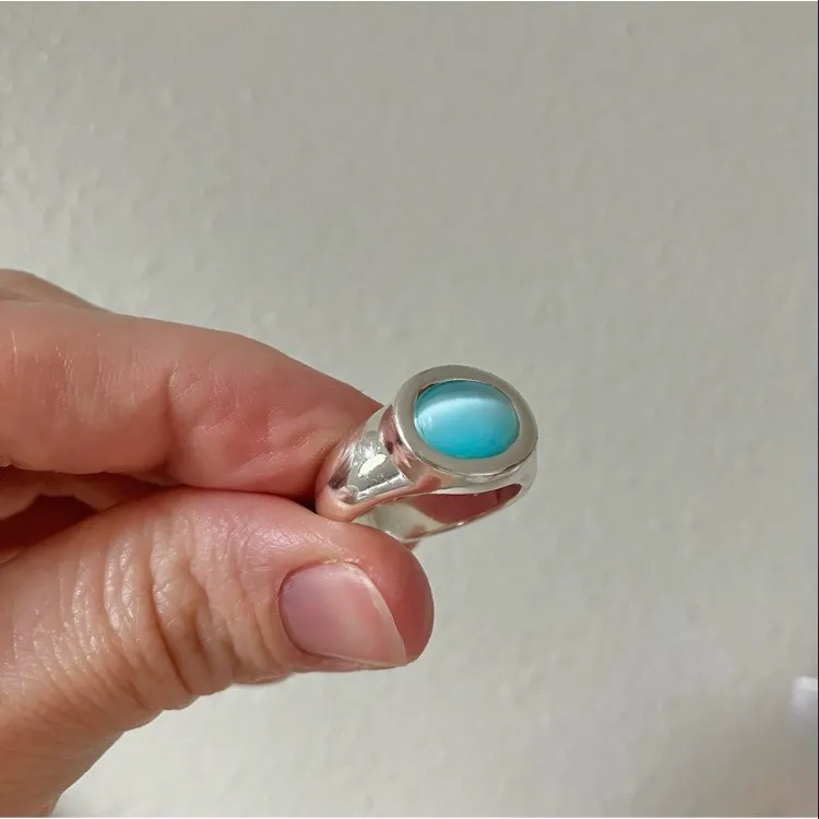 Aqua Oval Silver Ring Vintage “Briseis” Glass Blue Statement Maximal Beachy Coastal Jewelry - Image 13