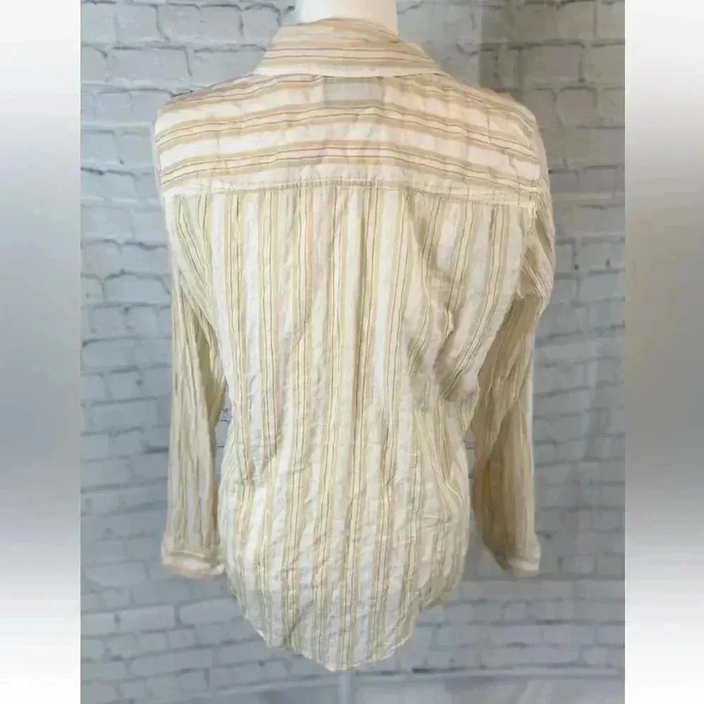 Abercrombie & Fitch Woman’s L Long Sleeve Crinkle‎ Top Yellow White Button shirt - Image 9