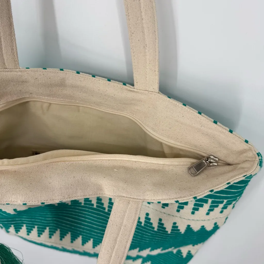 Tie Rack‎ London Boho Woven Canvas Tote Bag with Tassel – Green & Cream - Image 4