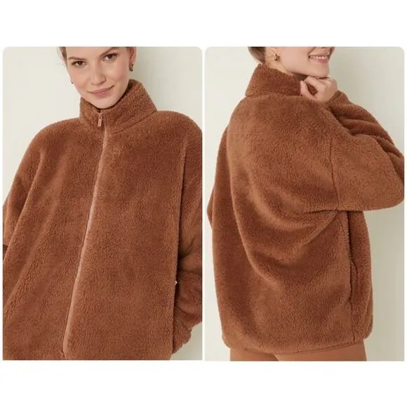 Victoria’s Secret PINK Plush Teddy Full Zip Mock Neck Oversized Sherpa Jacket M Brown Size M - Image 2