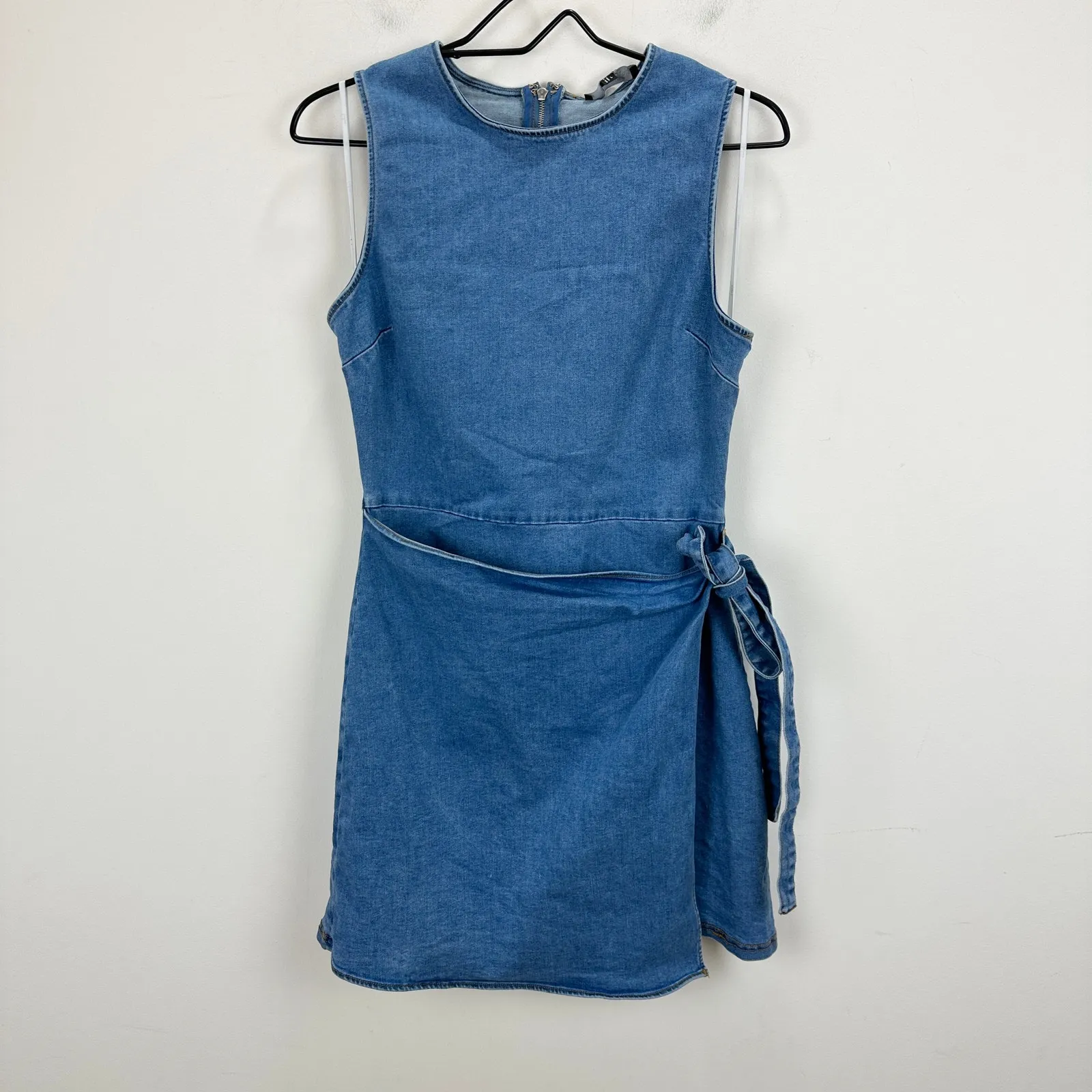 Lulus Albena Medium Wash Denim Sleeveless Mini Wrap Dress Blue Casual Large - Image 5