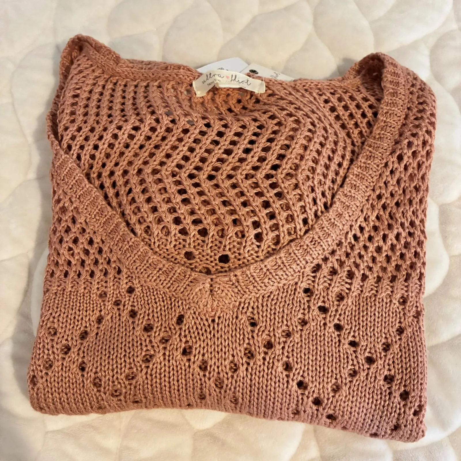 Ultra Flirt Knit Sweater V Neck Diamond Pattern Open Weave Long Sleeve Small - Image 3