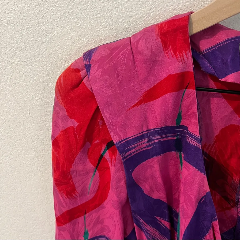 Flora Kung Vintage Silk Jacquard Floral Print Faux Wrap V Neck Midi‎ Dress Pink Size 4 - Image 9