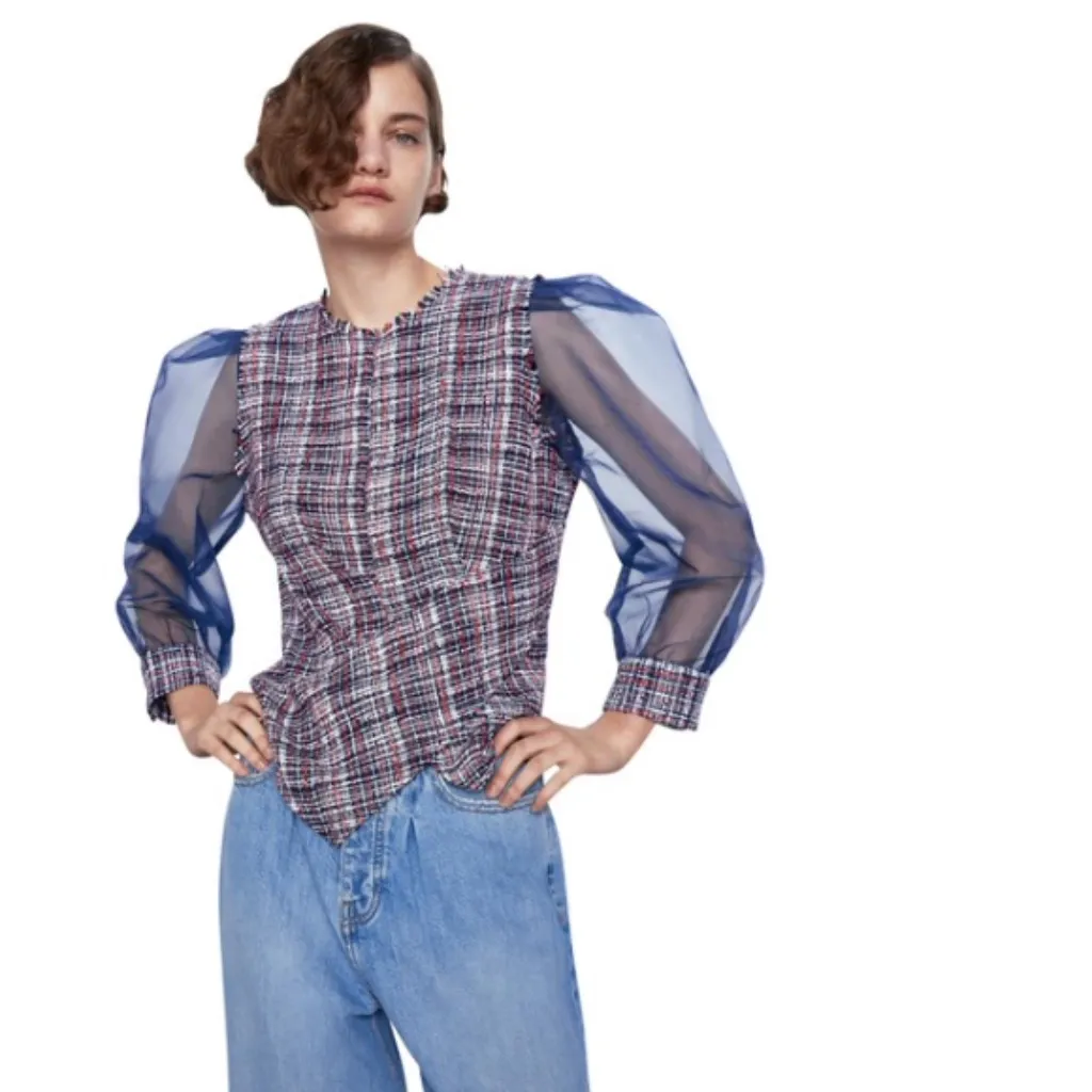 NWOT Zara ORGANZA AND TWEED Plaid TOP Blouse - Image 5