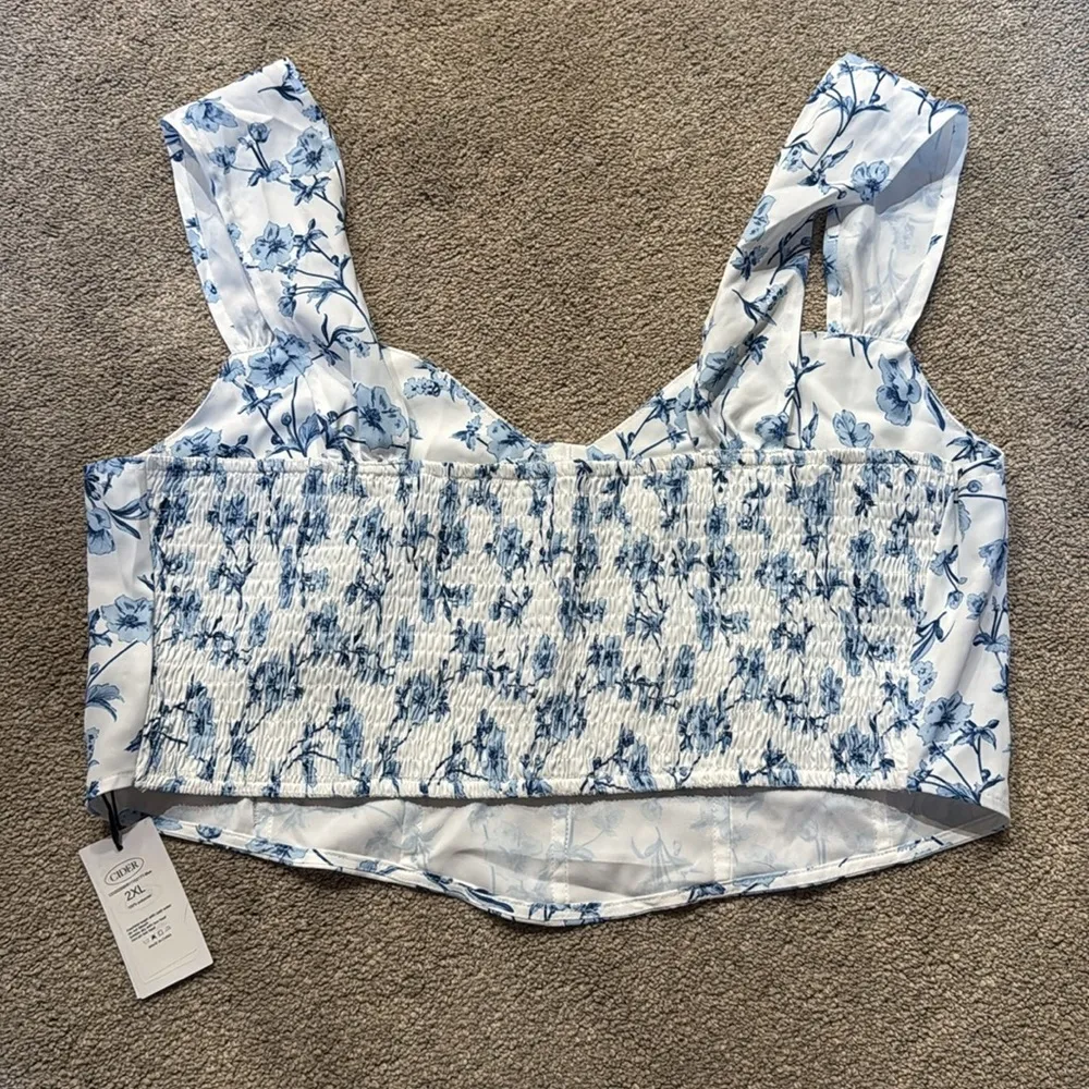 Cider Blue Floral Faux Boning Corset Crop Tank Top Size 2XL - Image 3