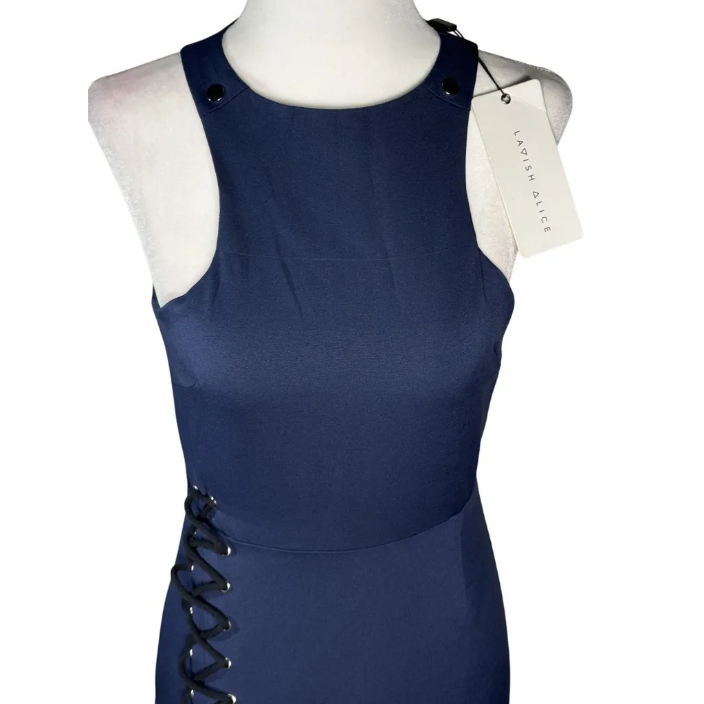 NWT Lavish Alice Womens Dress Size 8 Navy Sleeveless Bodycon Midi Dress Lace-Up - Image 4