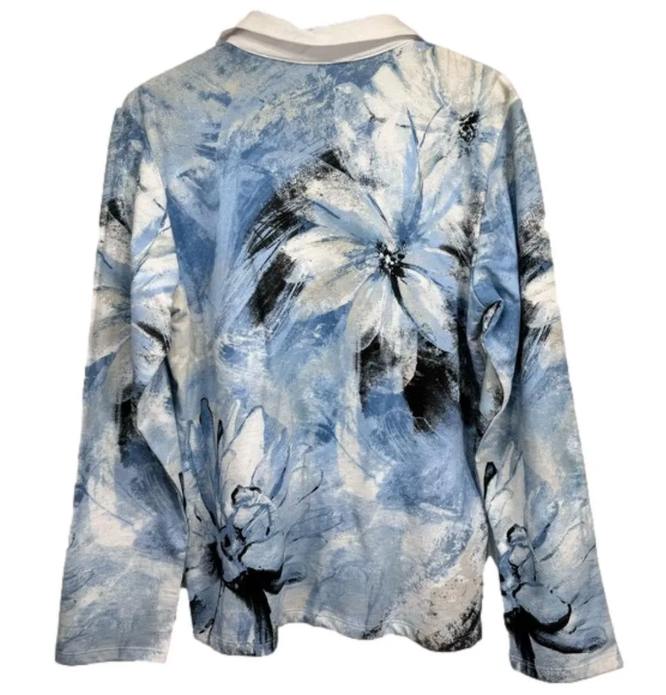 Jess & Jane Wind Poems Blue Floral Rhinestone Zipper Knit Jacket Size Medium White - Image 6