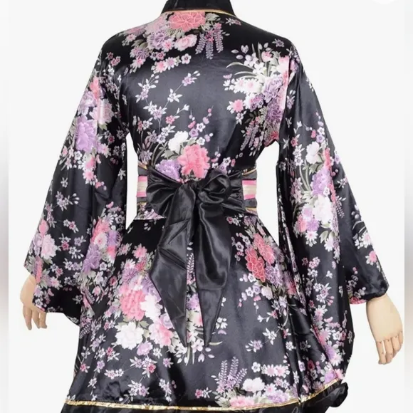 Black Floral Lace Kimono Robe Petticoat Skirt and wrap bow set Pink Size L - Image 2