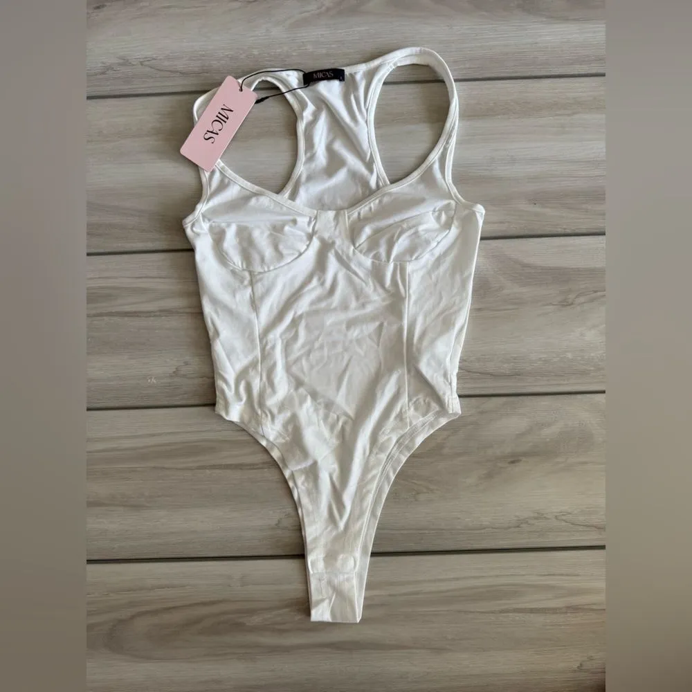 MICAS Basic Solid Deep-V Neck Bustier Bodysuit White Small NWT IN PKG - Image 5