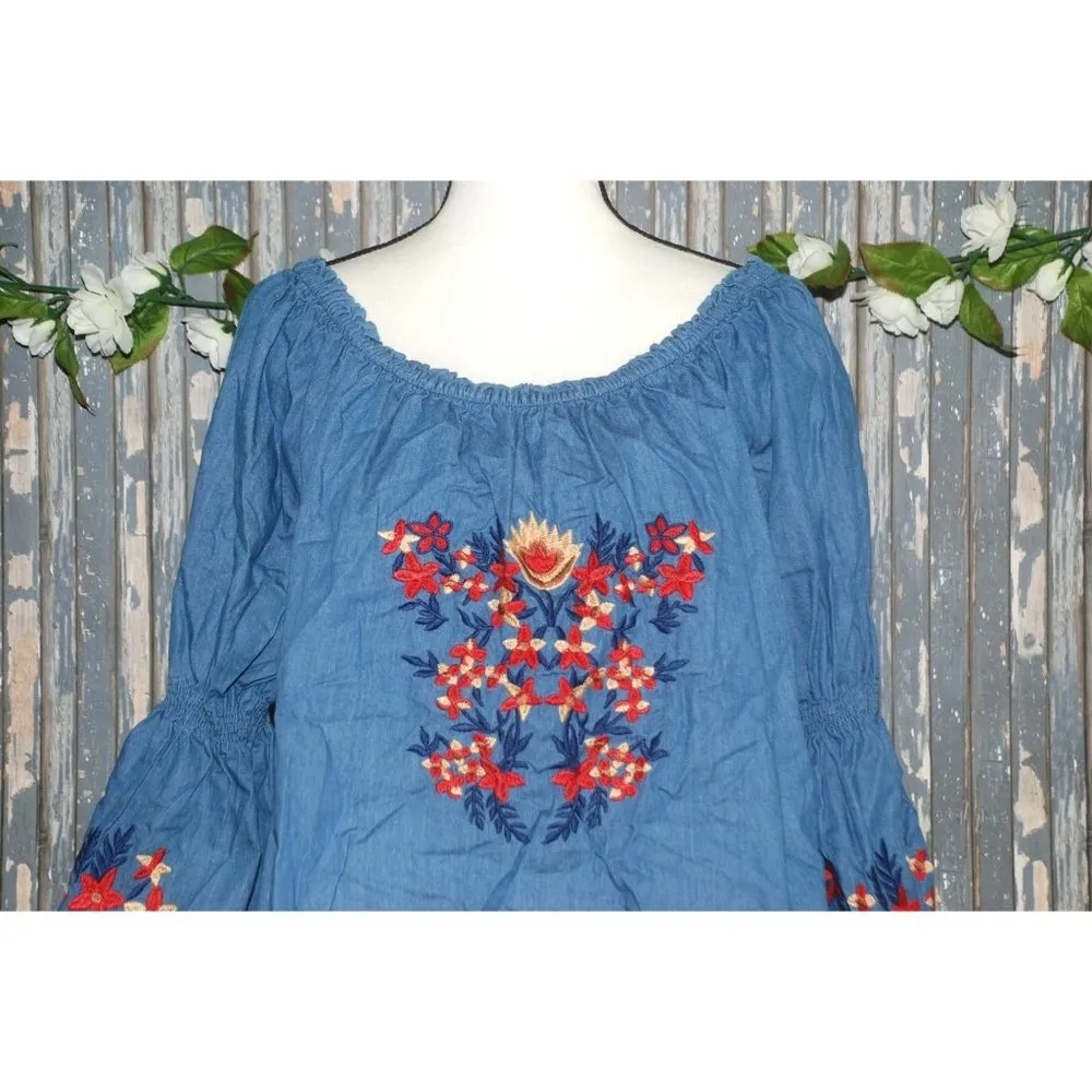 Southern Stitch Blue Blouse Shirt Top Size XL Embroidered Floral Bell Sleeves - Image 2