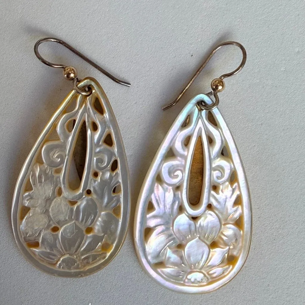 Sterling Silver Carved Mother of Pearl Teardrop Earrings - Image 2