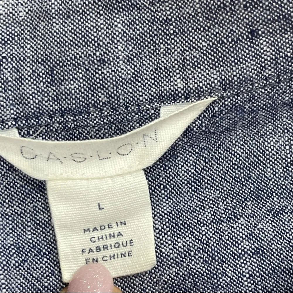 Carlson Chambray Linen Button Up Top Tunic Twisted waist front Blue Sz medium - Image 8