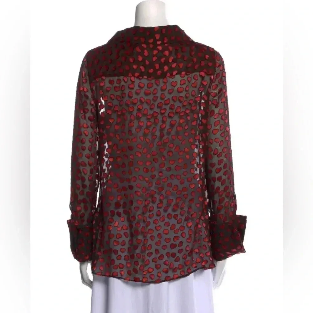 Alice + Olivia Black Red Heart Print Silk Blend Blouse Button Down Sheer Sz M - Image 6