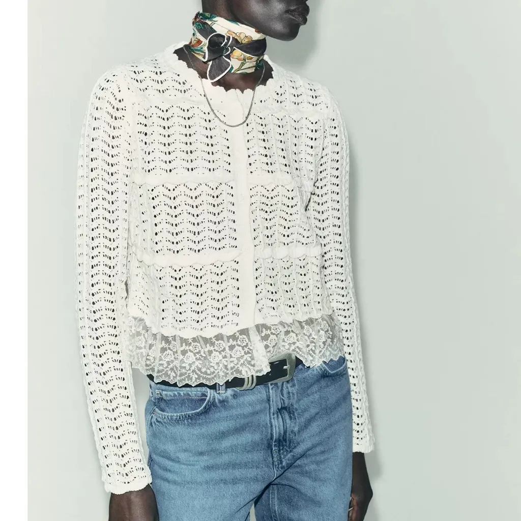 Zara NWT off white ivory knit textured detailed button front cardigan lace trim - Image 3