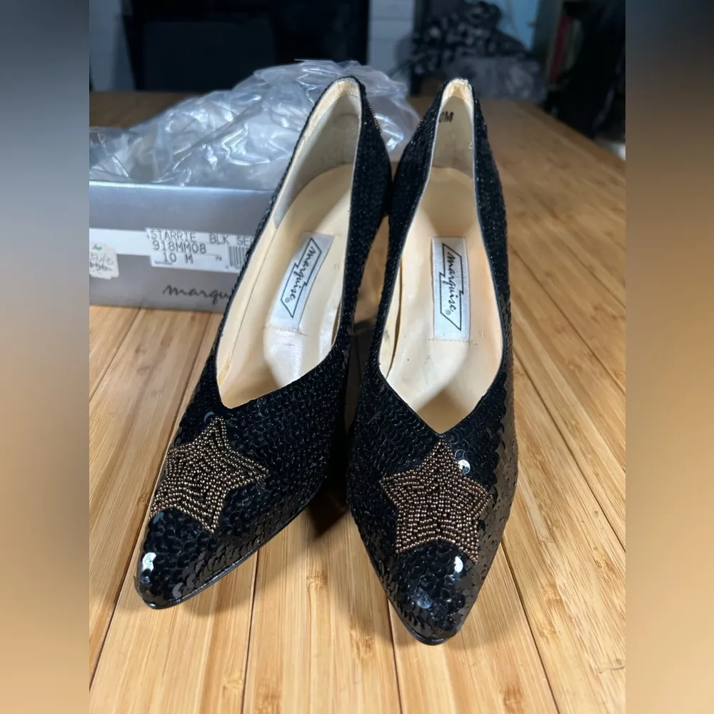 Vintage Beaded & Sequin Black Shoes With Stars Size 10 Used - Image 16
