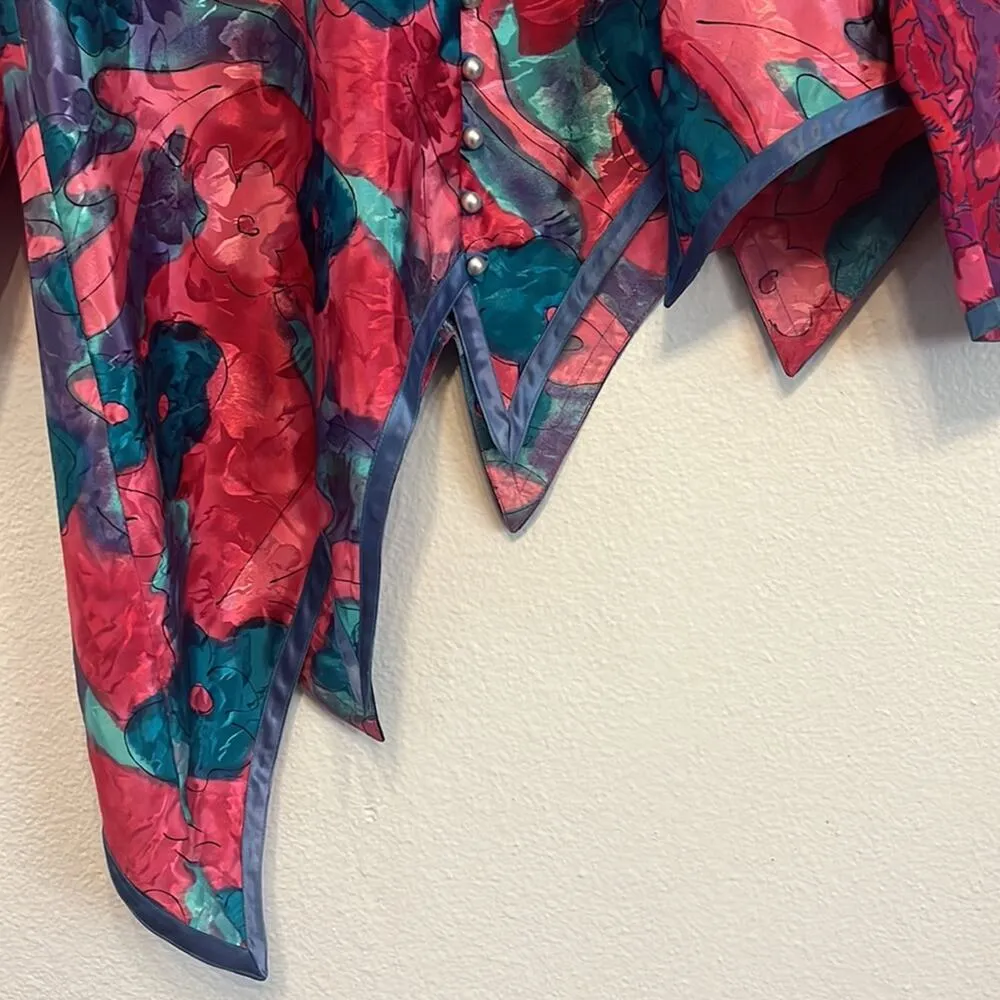 Vintage Satin Top Large Pink Floral Asymmetrical Button Down Artsy Maximalist Pj Blue - Image 8