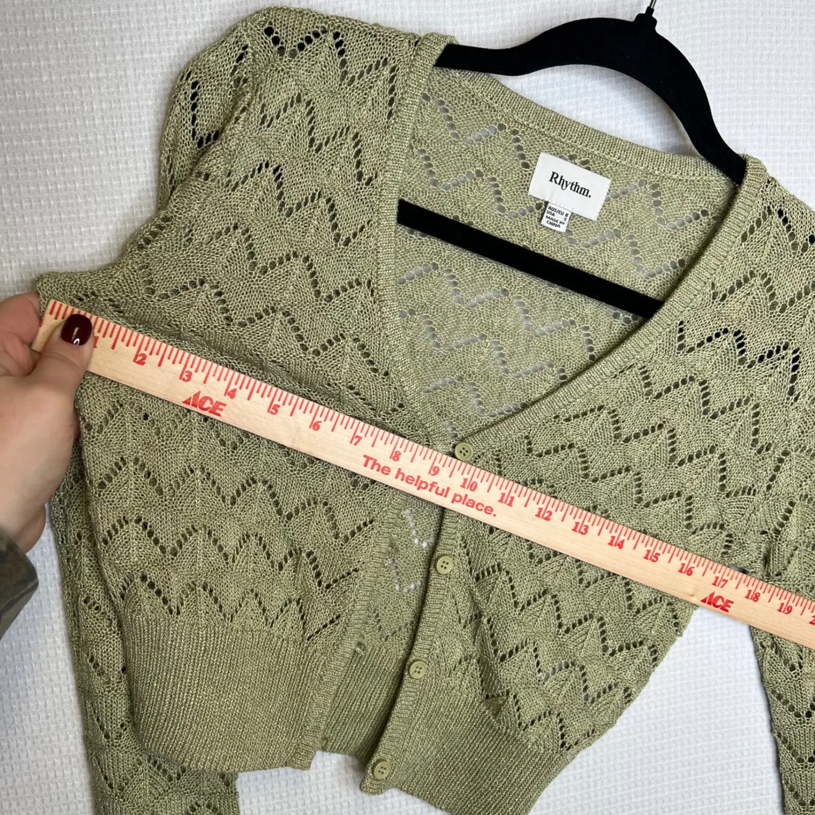 Rhythm Akoia Crochet Knit Cropped Cardigan Sweater Green Womens Small - Image 8